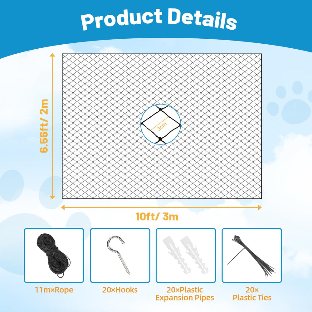 Lewondr cat-netting easy-install-steps illustrates quick fence setup.