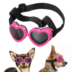 Lewondr heart-shaped dog sunglasses provide UV protection for sunny strolls.
