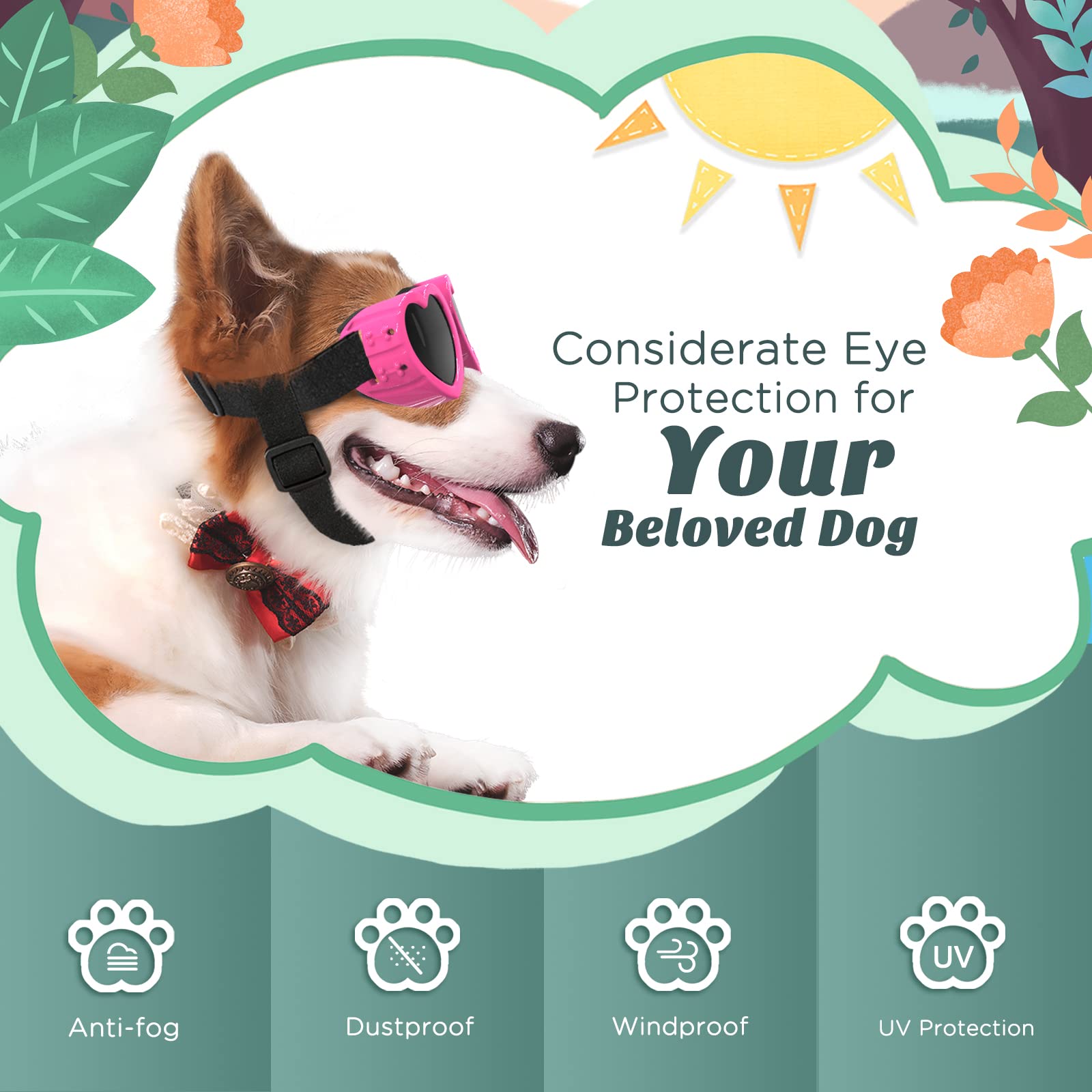Lewondr small-dog-sunglasses measurement guide helps ensure proper fit.