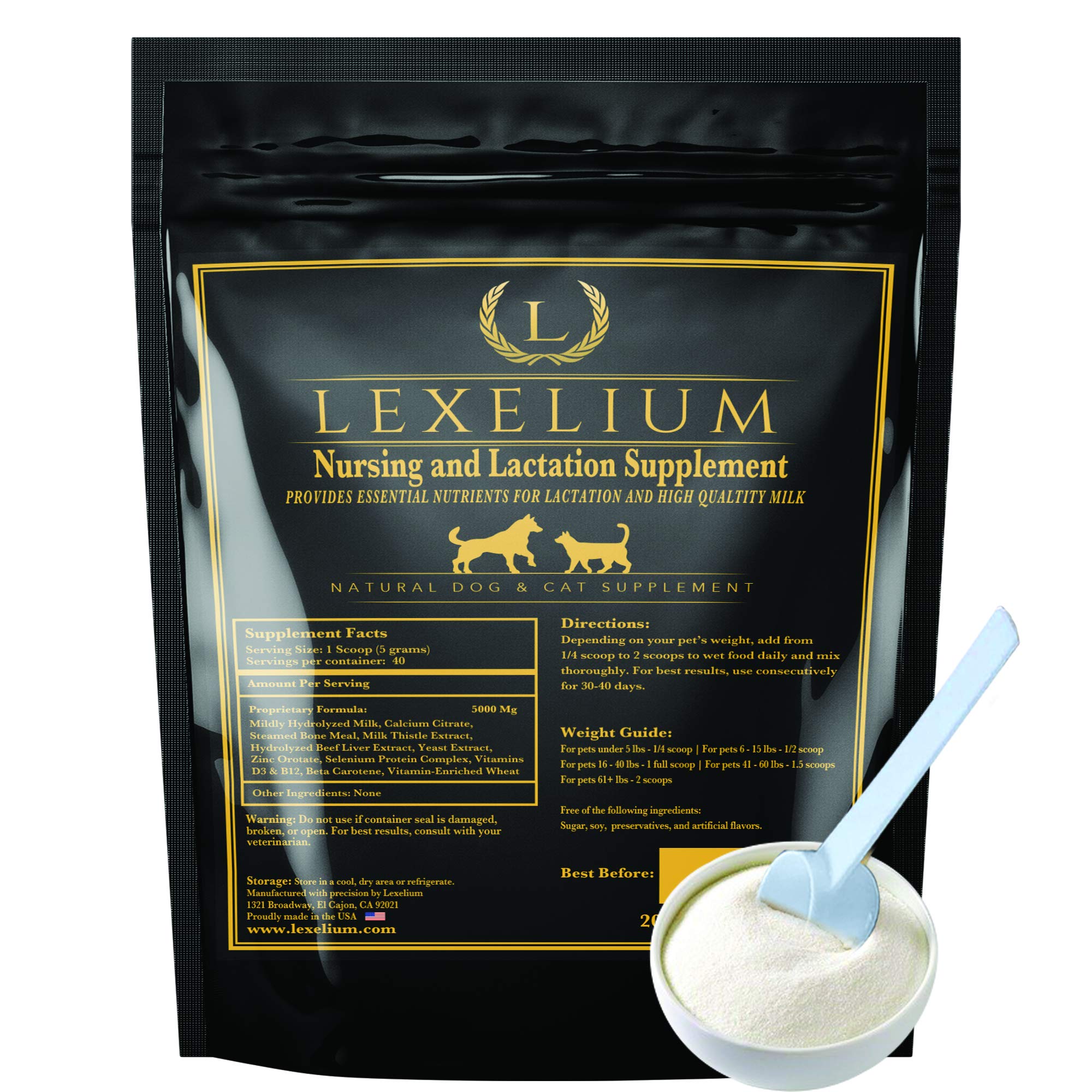 Lexelium nursing supplement bottle label highlights lactation support for nursing pets