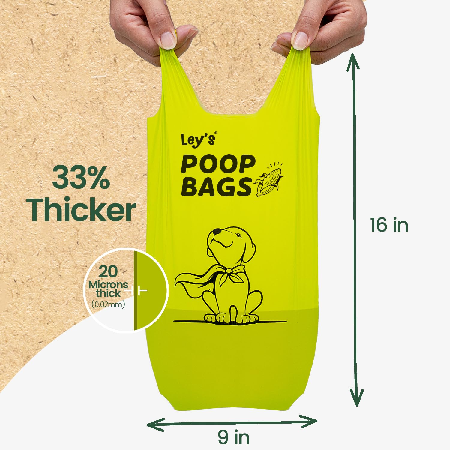 Ley's compostable dog poop bags display 90-day compost readiness for eco-friendly cleanup.