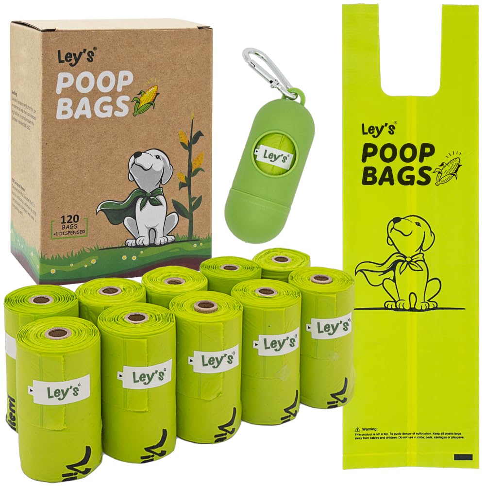 Ley's compostable dog poop bags in dispenser for quick cleanup on walks