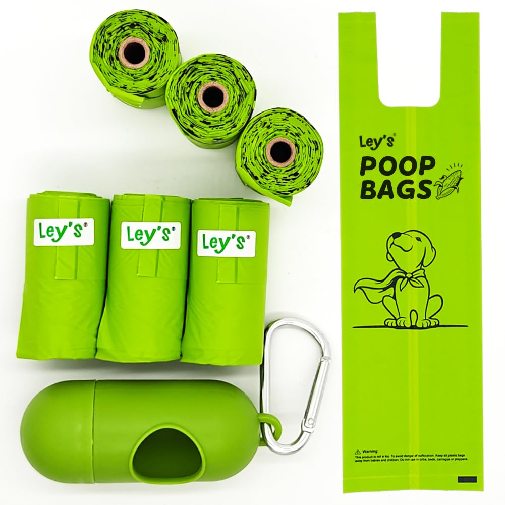 Ley's compostable dog poop bags packaging shows eco-friendly design for home use.