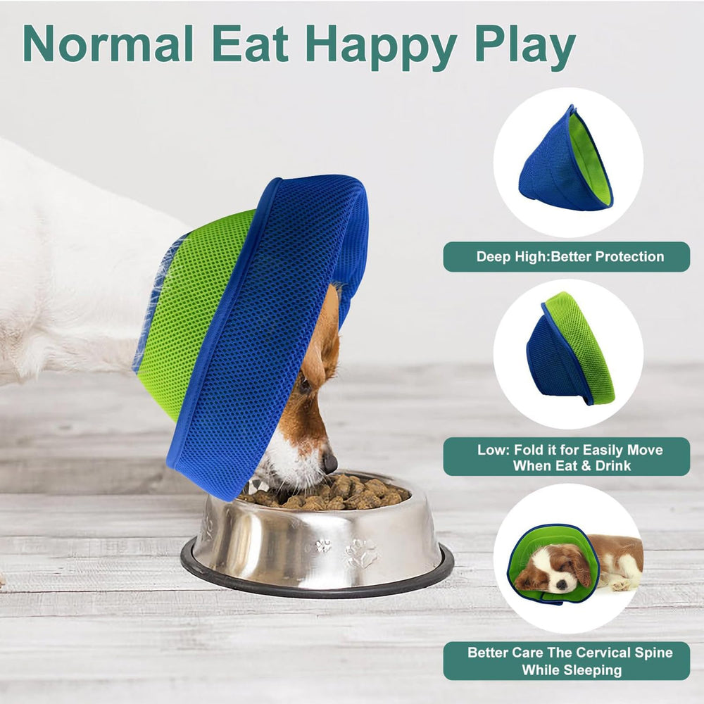 LH NTGR soft dog cone blue, back view, gentle edge reduces neck rubbing during activity.