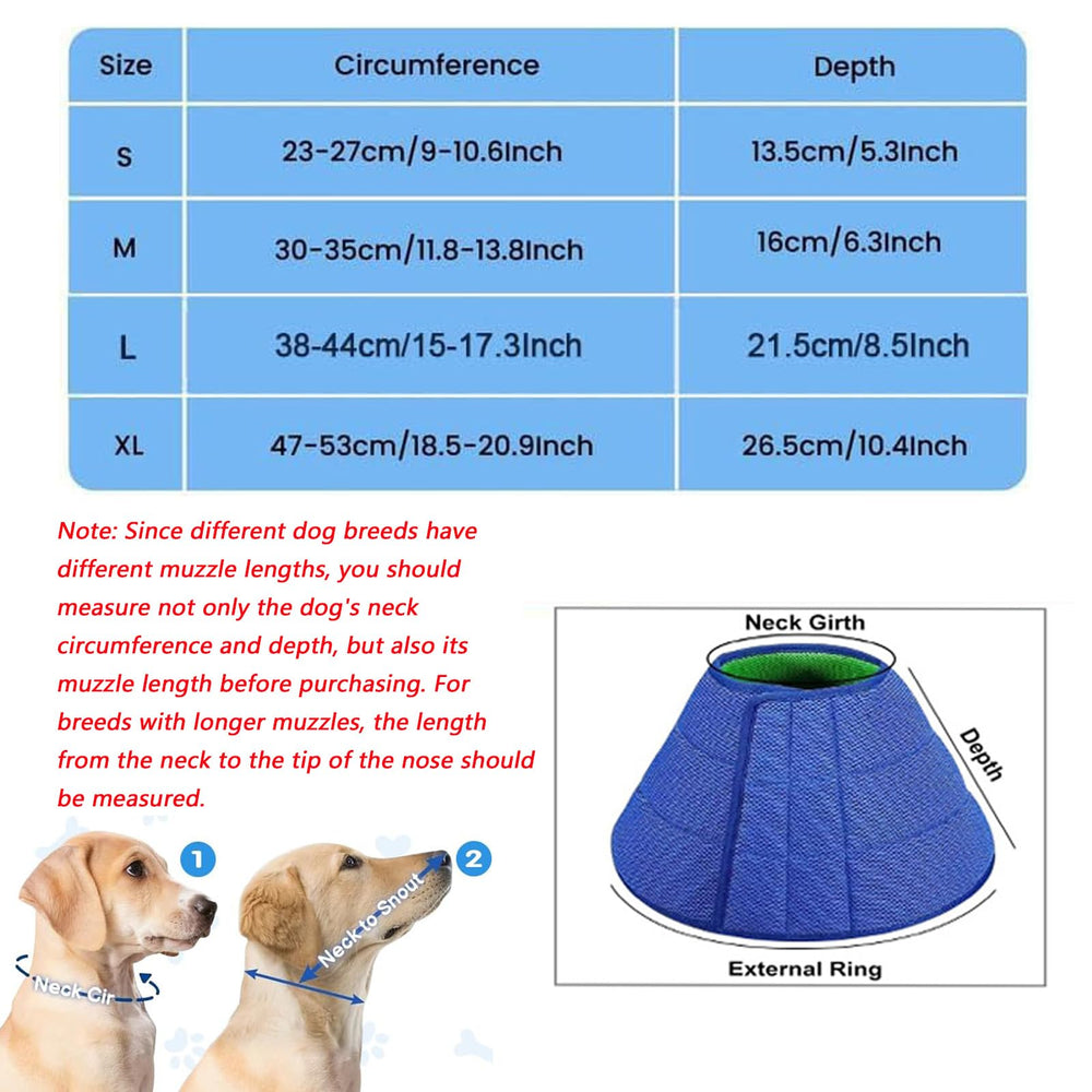 LH NTGR soft dog cone blue worn by a dog, aiding post-surgery recovery.