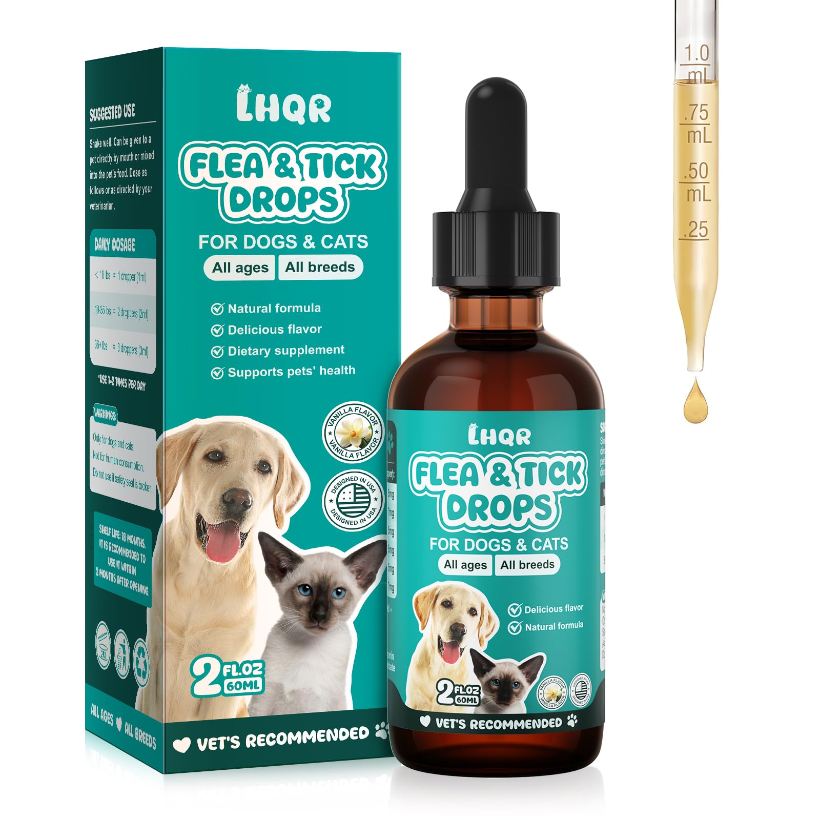 LHQR flea-tick-drops bottle vanilla 2oz offers easy daily protection with pet-friendly flavor.
