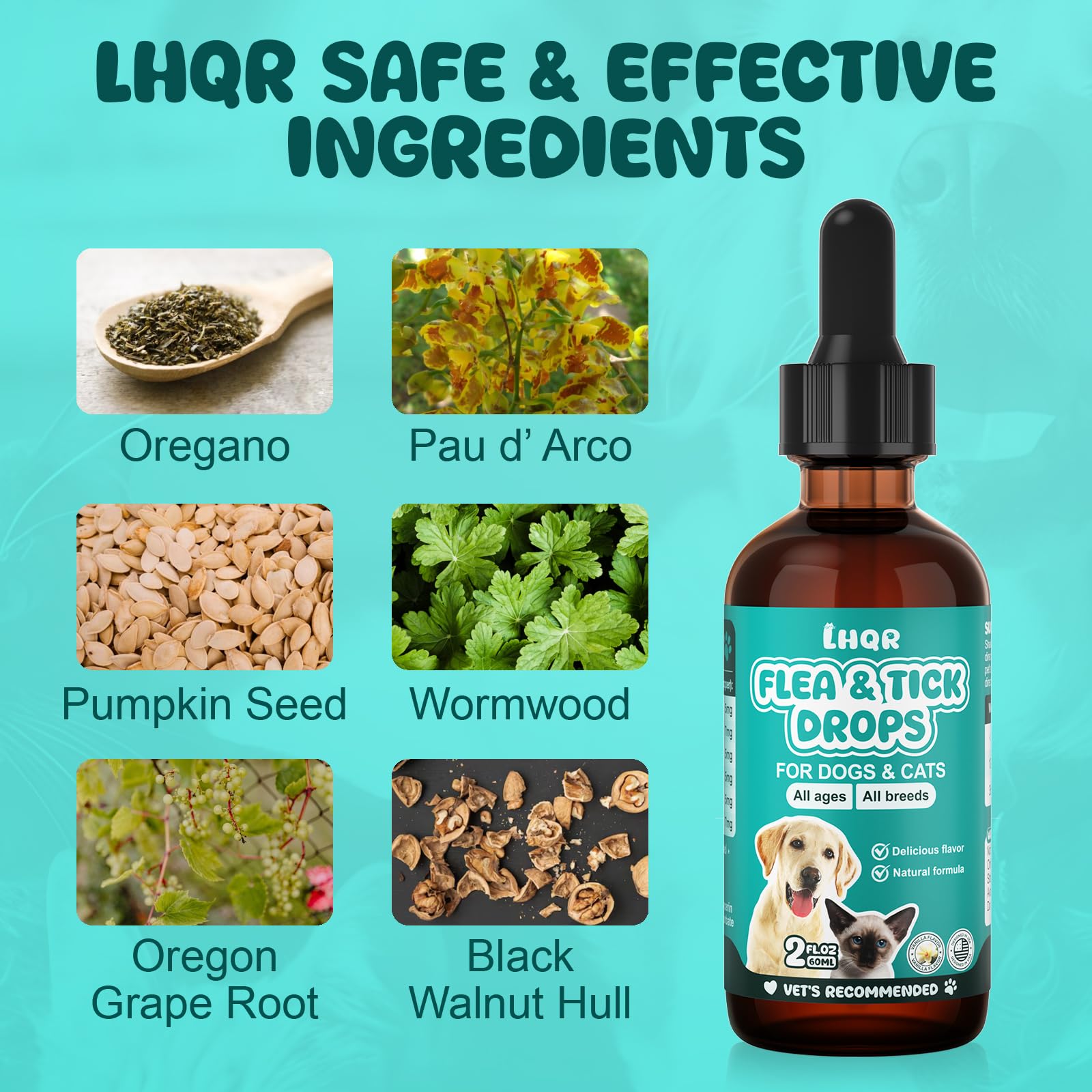 LHQR flea-tick-drops ingredients herb blend shown for natural maintenance.