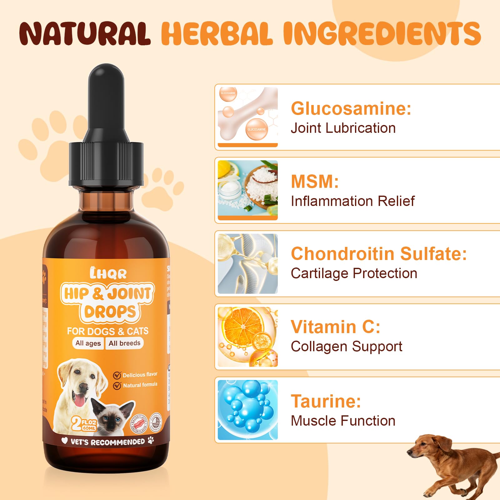 LHQR liquid glucosamine dogs drops pipette showing precise dosing for hip joints