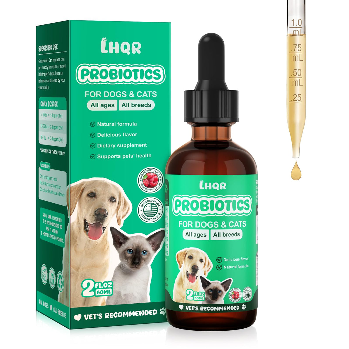LHQR Liquid Probiotics bottle pour demonstrates easy administration for pet gut health.