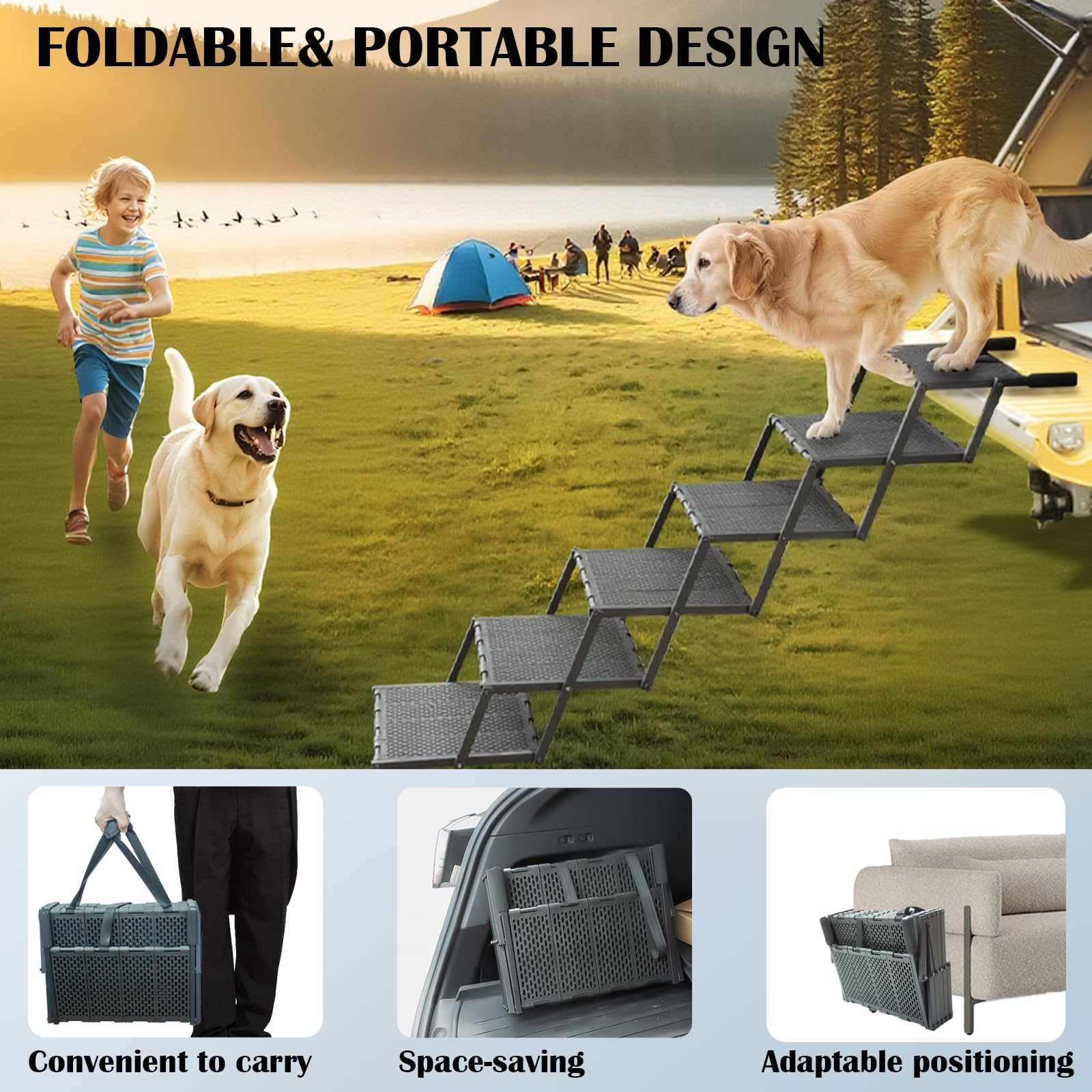 LIALEX wide dog ramp outdoor-ready steps support pets across cars.