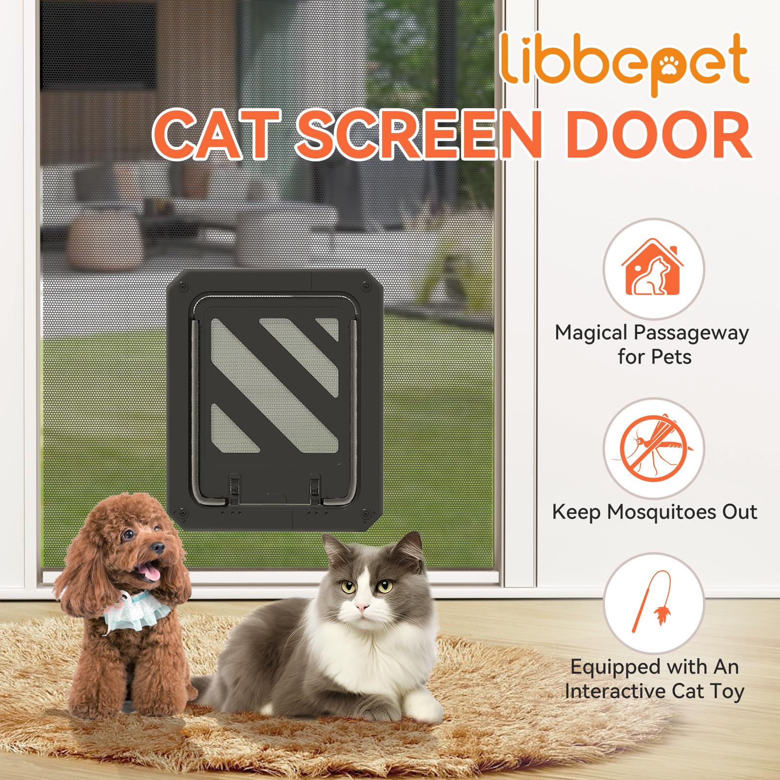 LIBBEPET cat door magnetic flap shown for automatic closing and insect protection