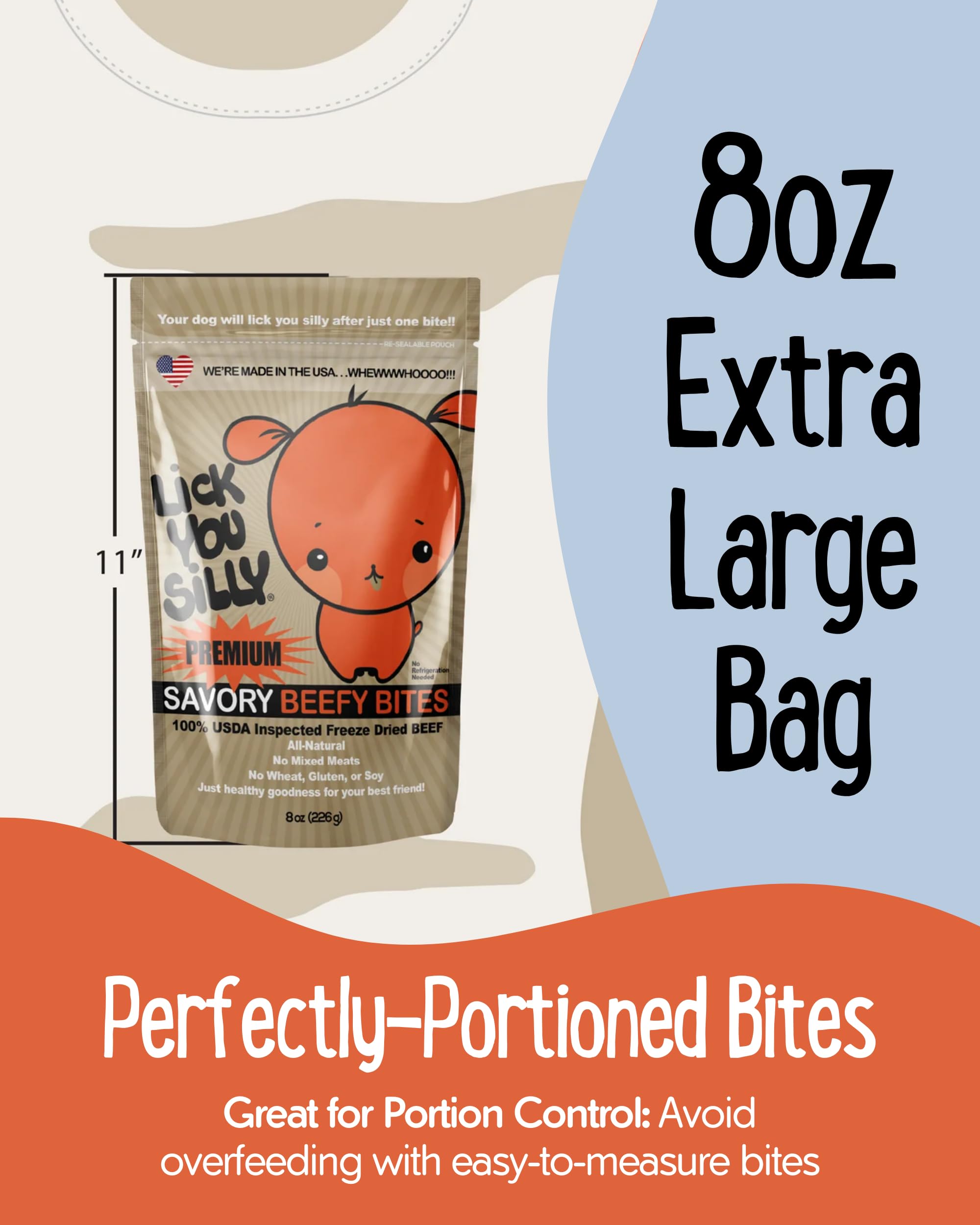 Lick You Silly beef-liver-treats-on-the-go highlights portable pouch for outdoor walks.