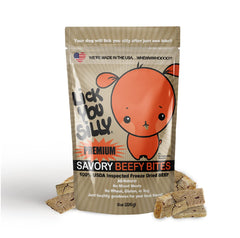 Lick You Silly freeze-dried-beef-liver-treats-packaging shows premium USA-made snacks.