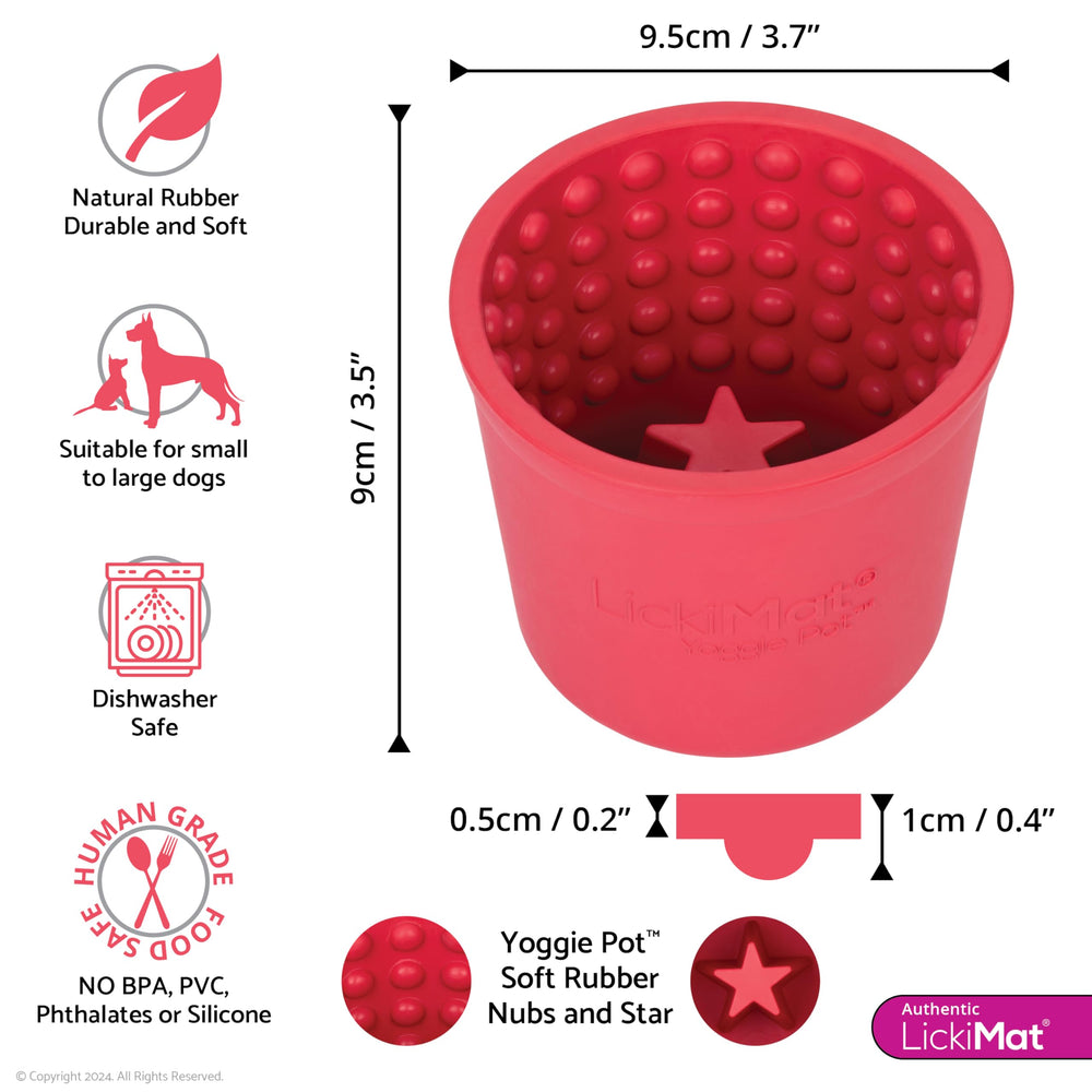 LICKIMAT Yoggie Pot pink enrichment view shows long-lasting licking activity.