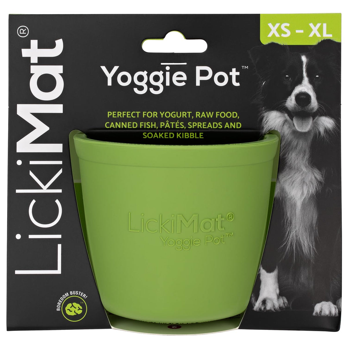 LICKIMAT Yoggie Pot green distraction during extended licking sessions.