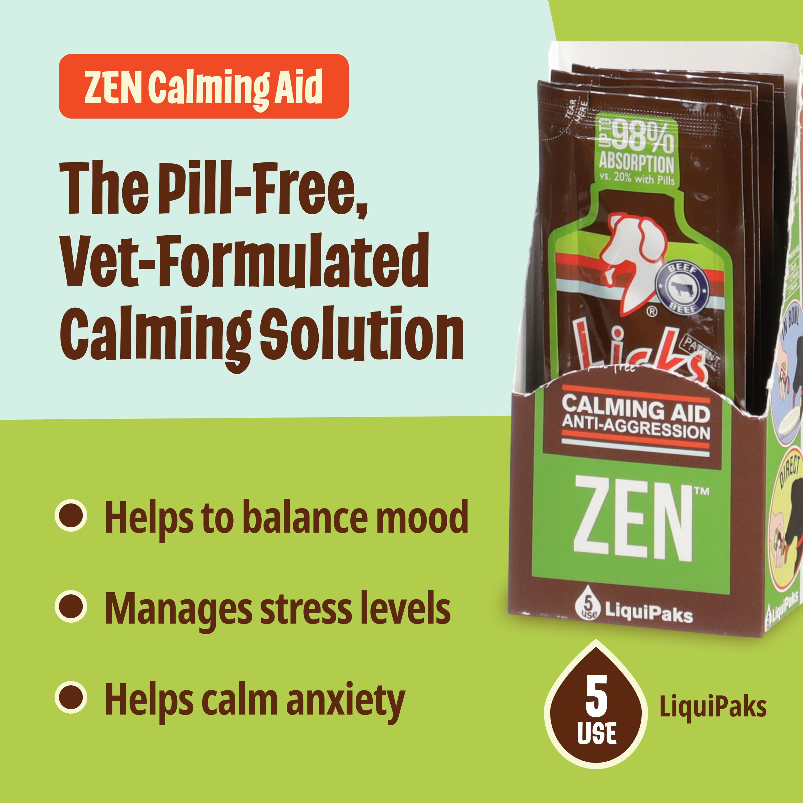 Licks Dog Zen Calming bottle pour demonstrates quick administration for on-demand dog stress