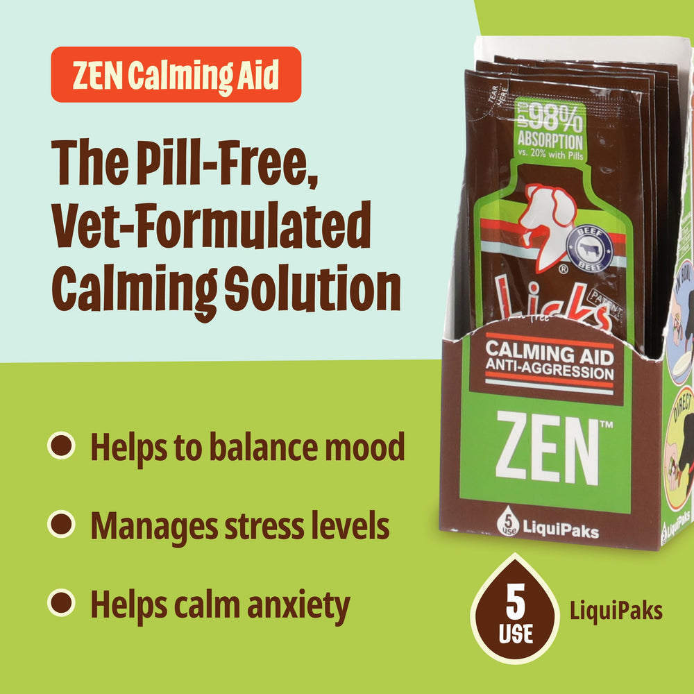 Licks Dog Zen Calming bottle pour demonstrates quick administration for on-demand dog stress