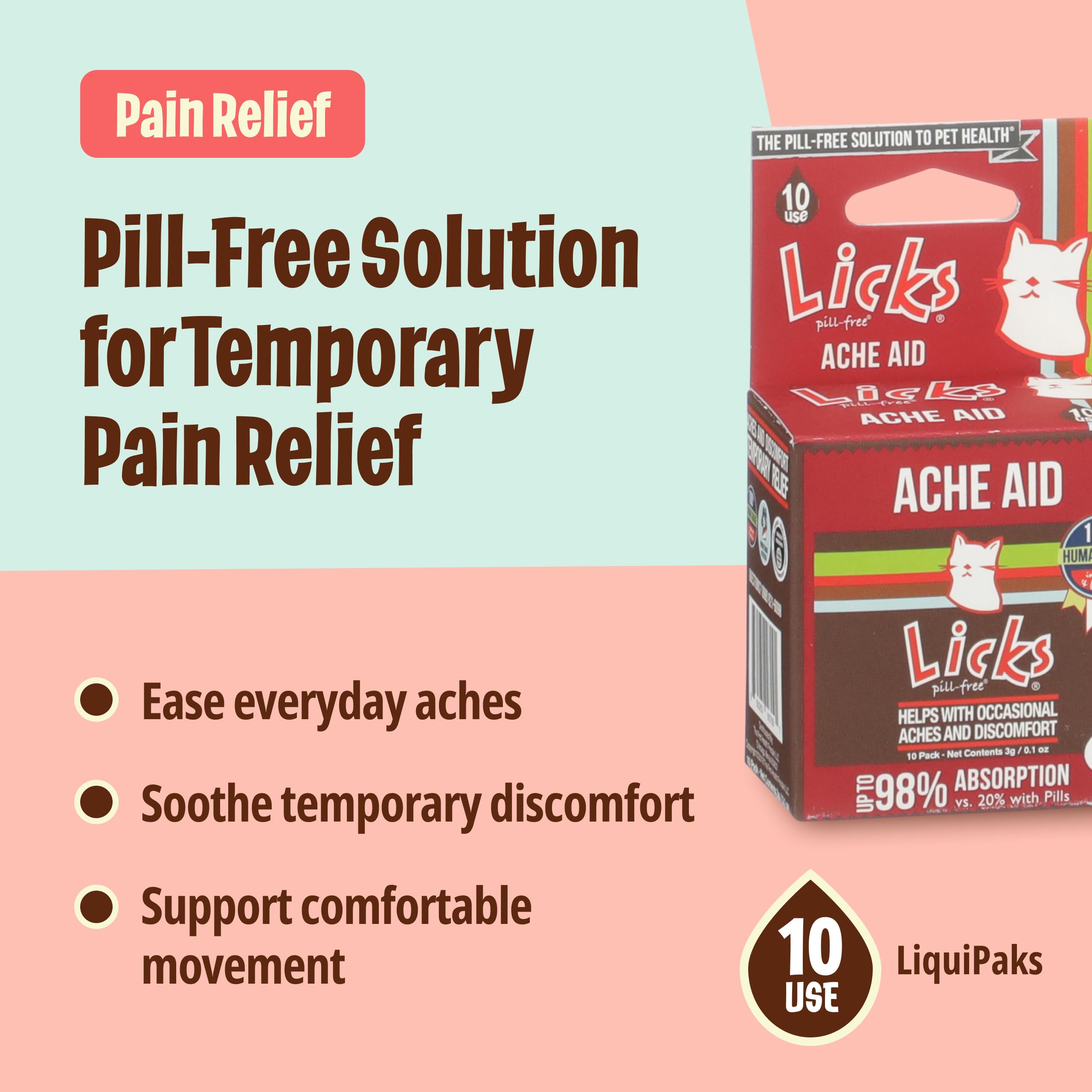 Licks Pill Free cat ache aid gel being licked for quick relief