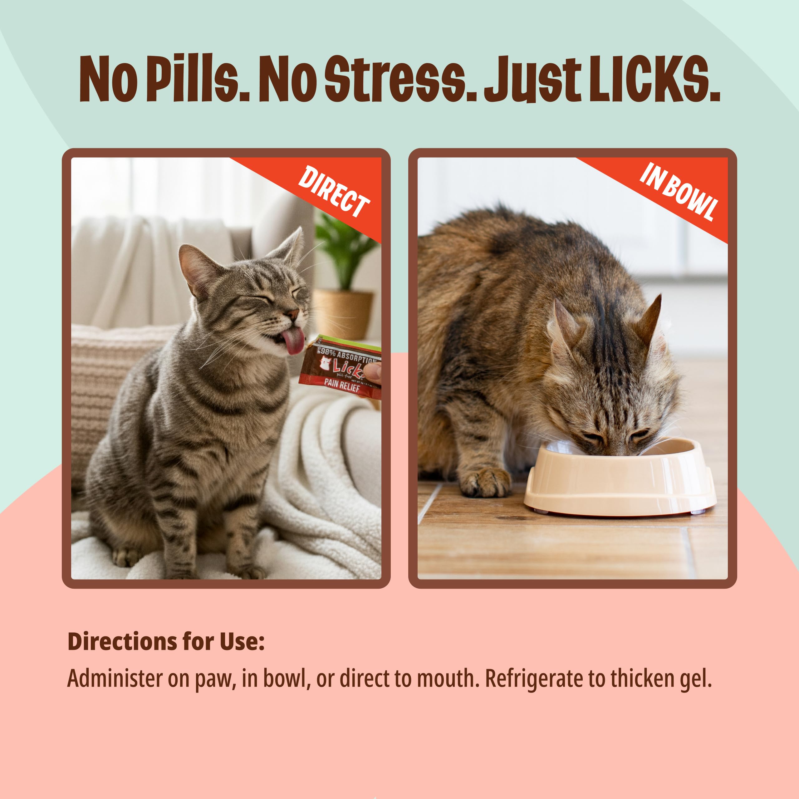 Licks Pill Free packaging front emphasizes convenient cat health support
