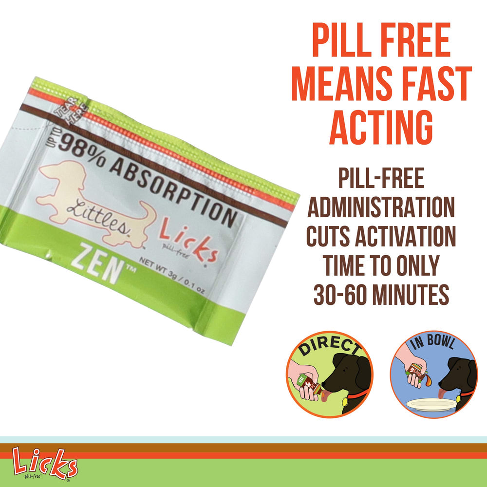 Licks Pill Free Zen 30-use packaging highlights long-term calming potential