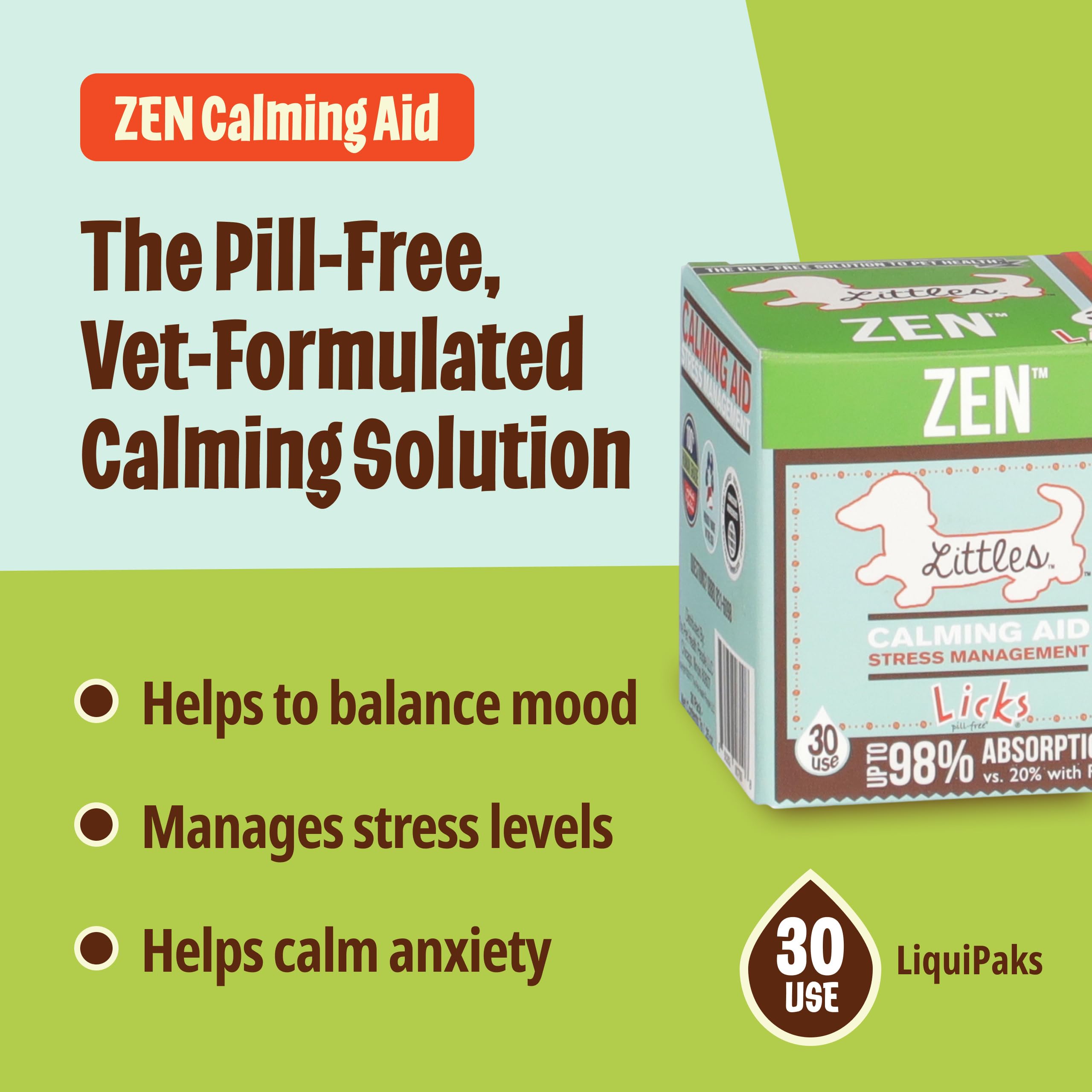 Licks Pill Free Zen aggression supplement gel illustrates fast-acting tension relief for dogs