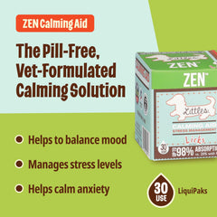 Licks Pill Free Zen aggression supplement gel illustrates fast-acting tension relief for dogs