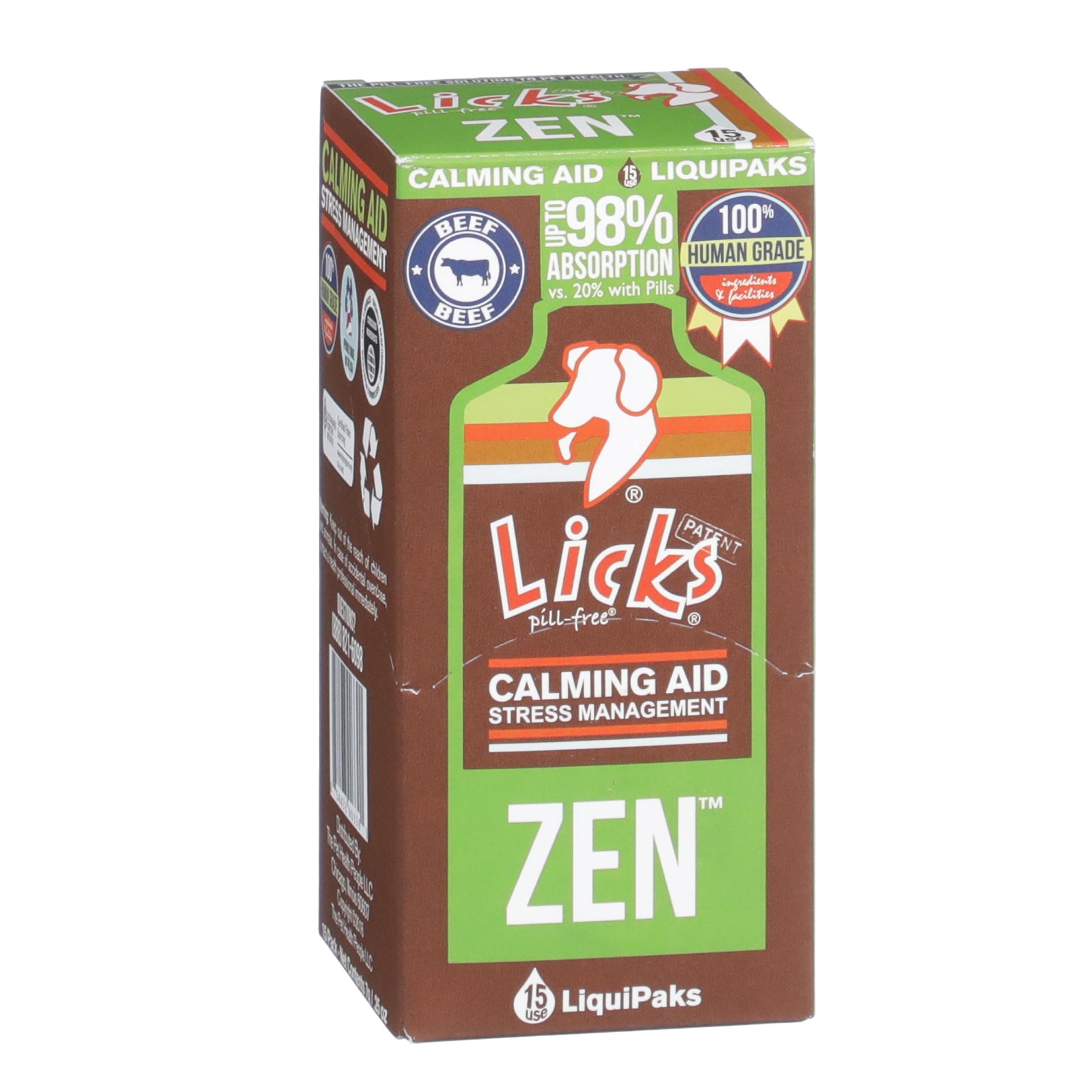 Licks Pill Free Zen Dog Calming gel-packet closeup shows easy pill-free calming aid