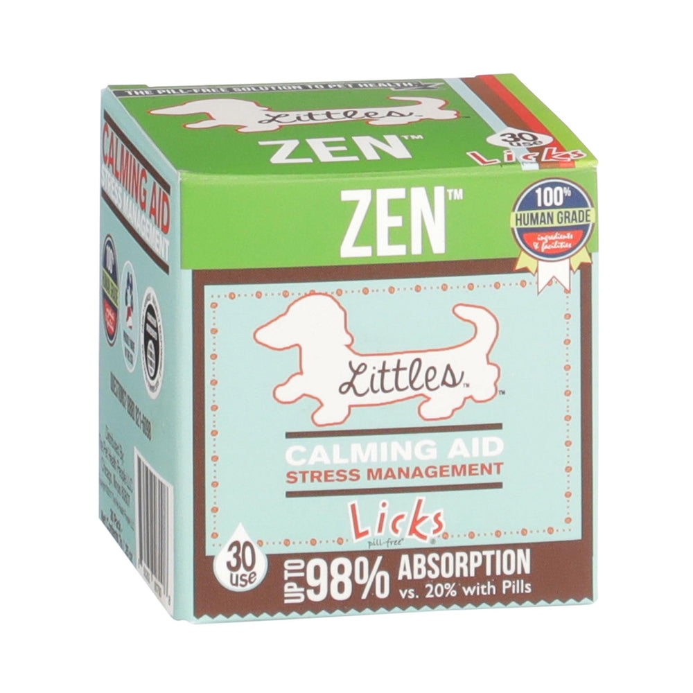 Licks Pill Free Zen small-breed calming gel packets shown for quick stress relief