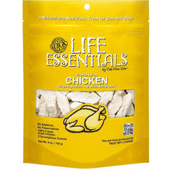 Life Essentials by Cat-Man-Doo freeze-dried chicken bag front highlights grain-free, all-natural treat.