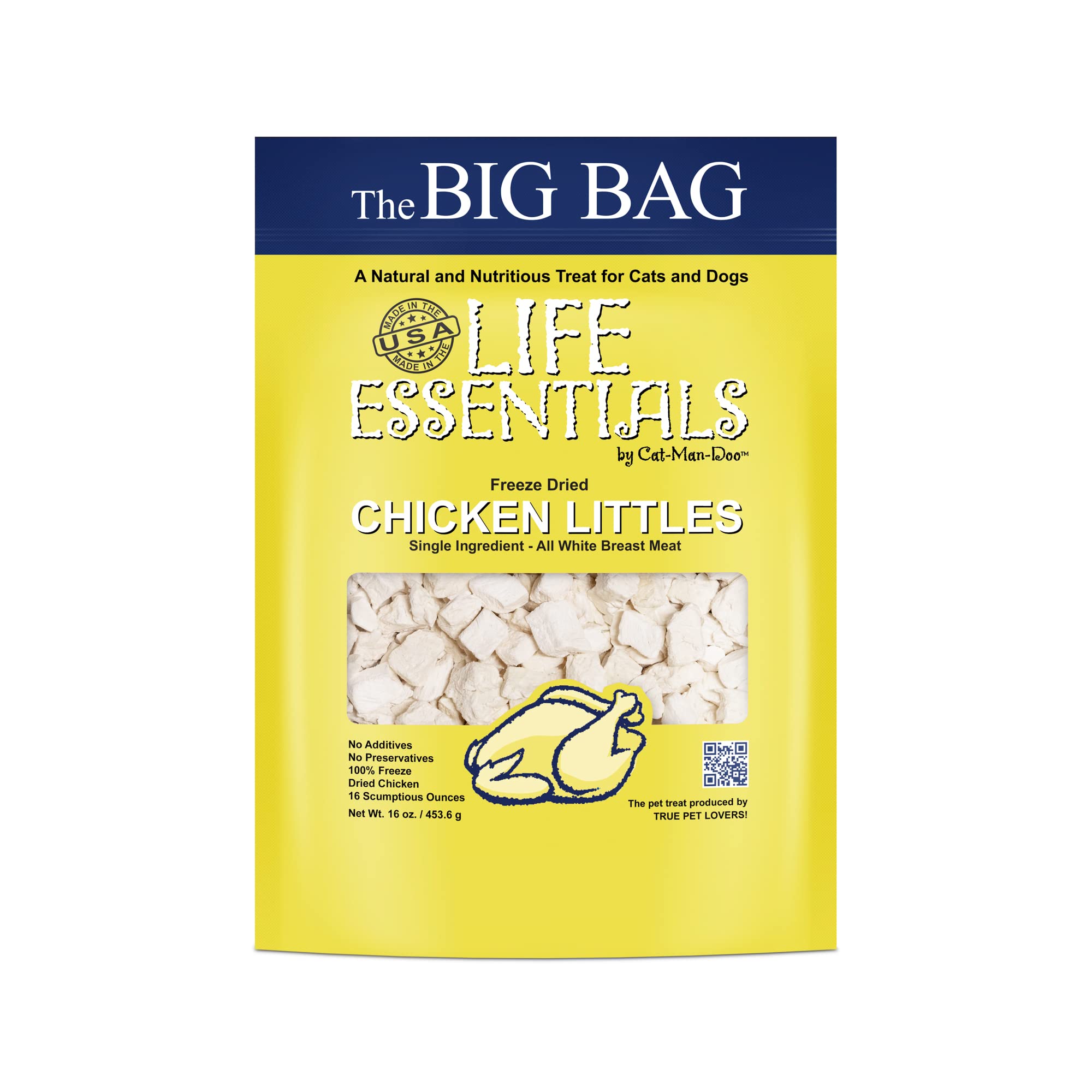 Life Essentials by Cat-Man-Doo freeze dried chicken bites bag shows premium grain-free snack for pets