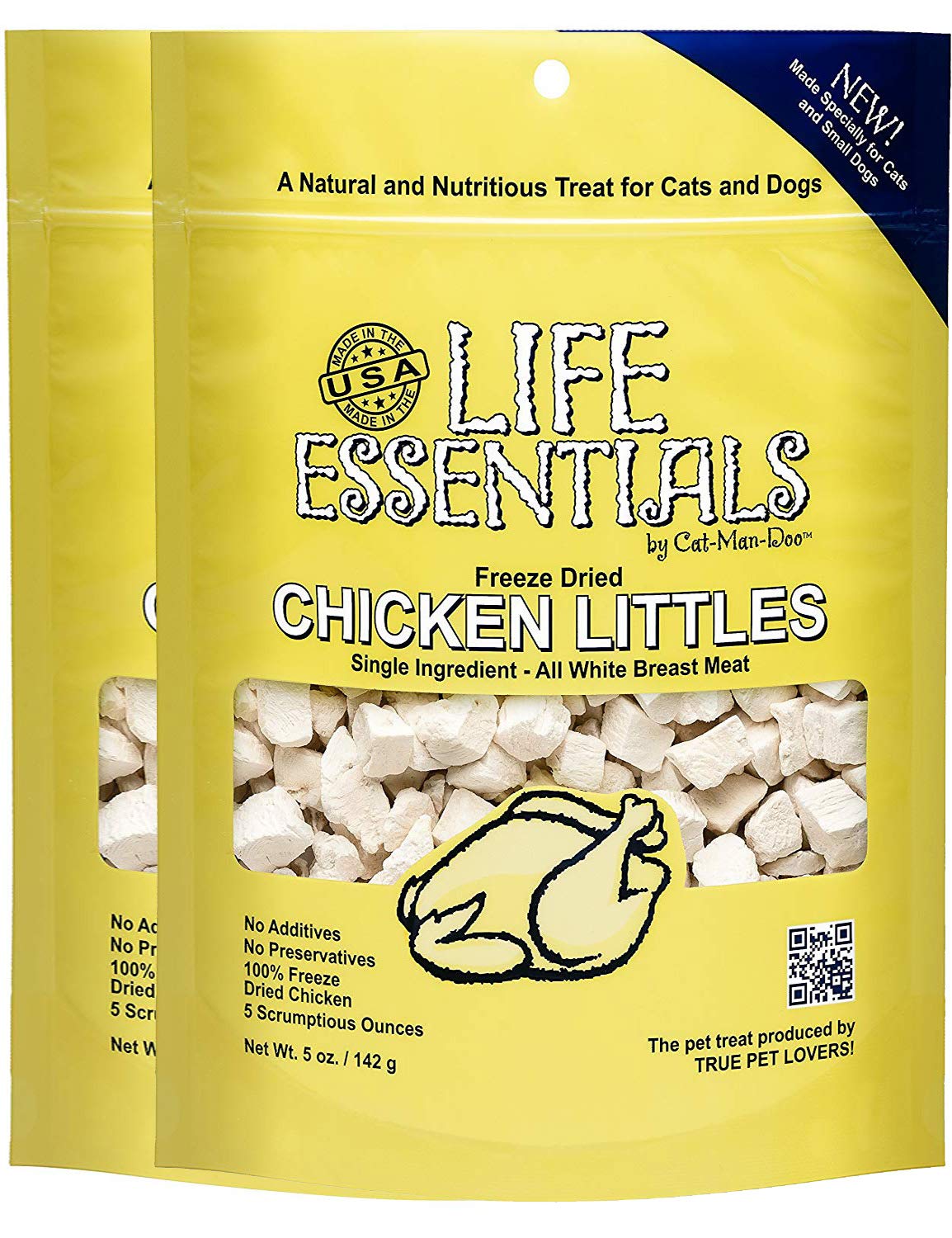 LIFE ESSENTIALS BY CAT-MAN-DOO Freeze Dried Chicken Littles pack front highlights USA-made natural treats.
