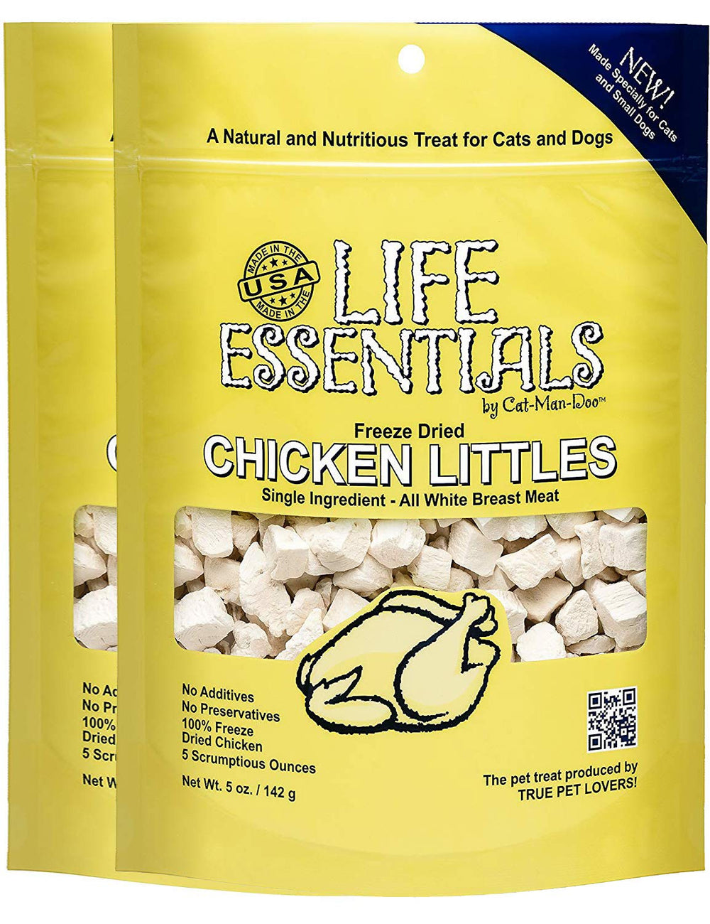 LIFE ESSENTIALS BY CAT-MAN-DOO Freeze Dried Chicken Littles pack front highlights USA-made natural treats.