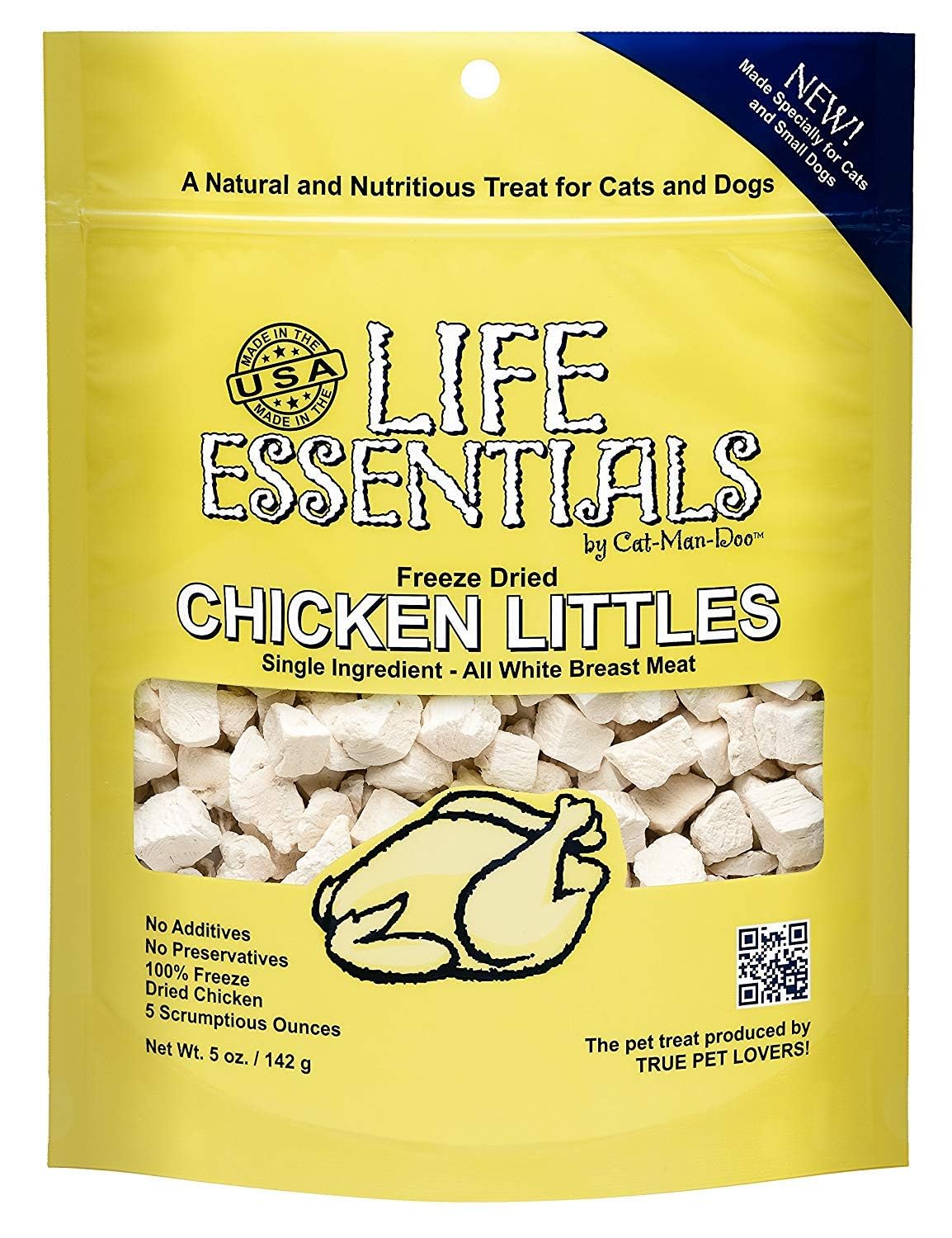 Life Essentials by Cat-Man-Doo freeze-dried chicken littles packaging highlights USA-made quality for training rewards.