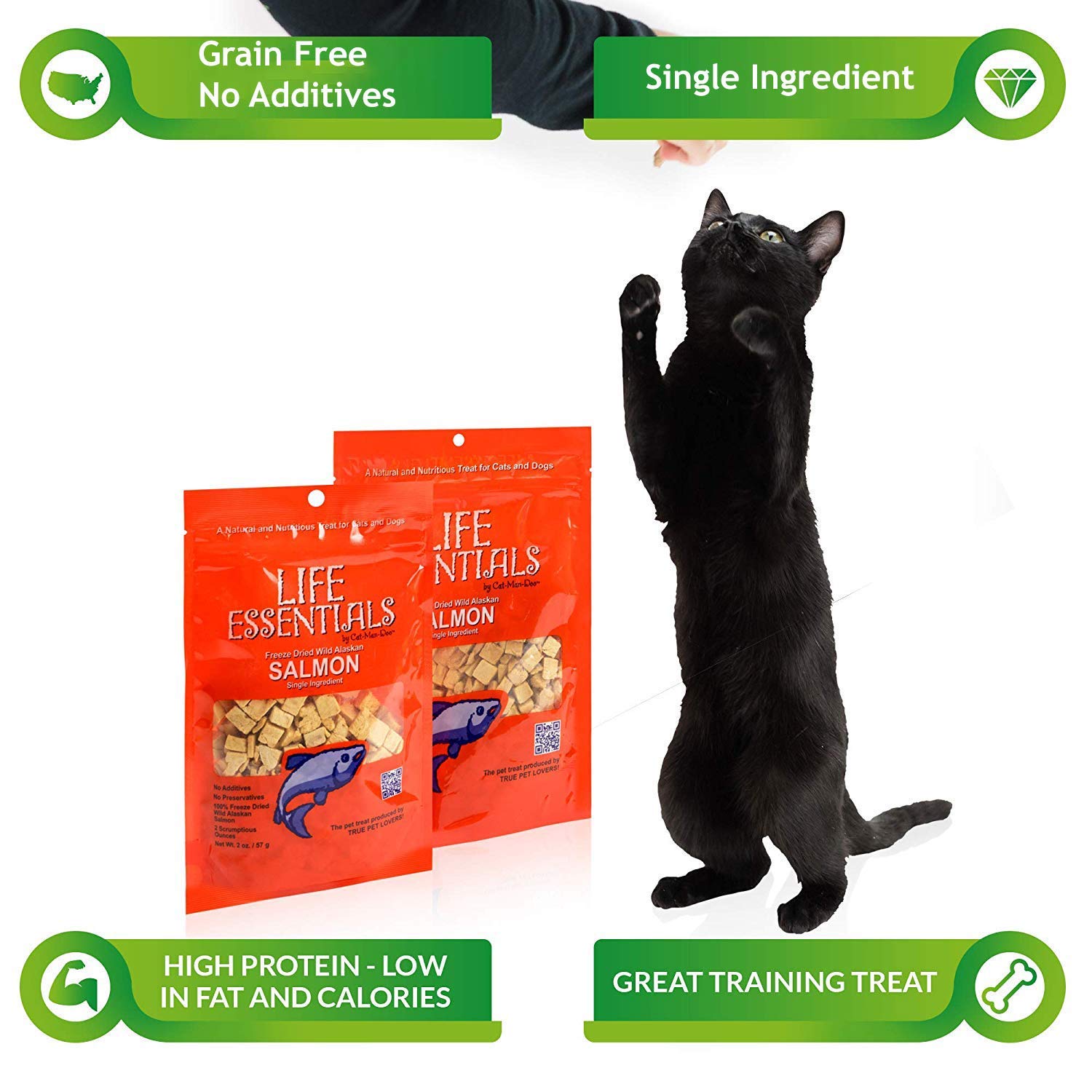 LIFE ESSENTIALS CAT-MAN-DOO crunchy-salmon-snacks; everyday rewards for pets.