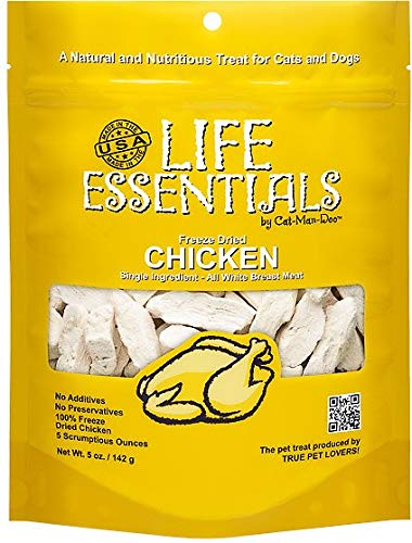 Life Essentials freeze-dried chicken treats 5oz bag highlights single-ingredient protein.