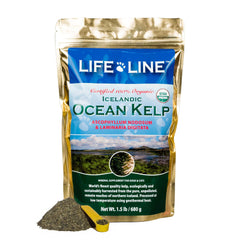 Life Line Organic Ocean Kelp bottle—organic iodine support for skin and coat health.