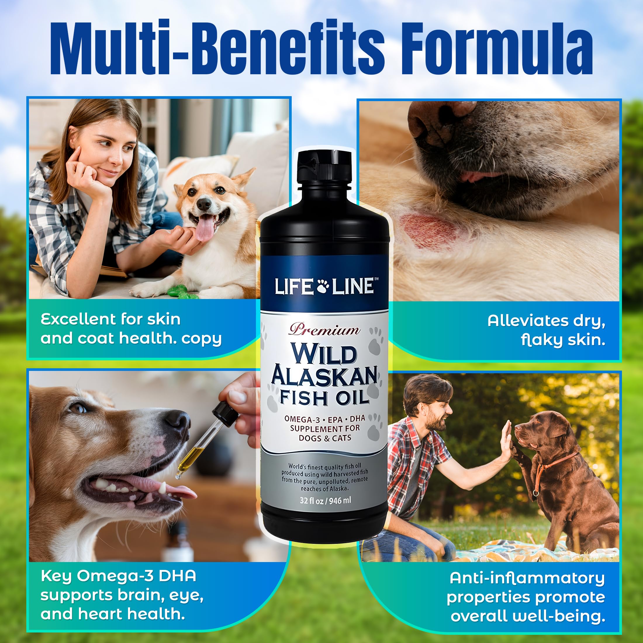 Life Line fish oil for dogs helps coat shine and vitality.