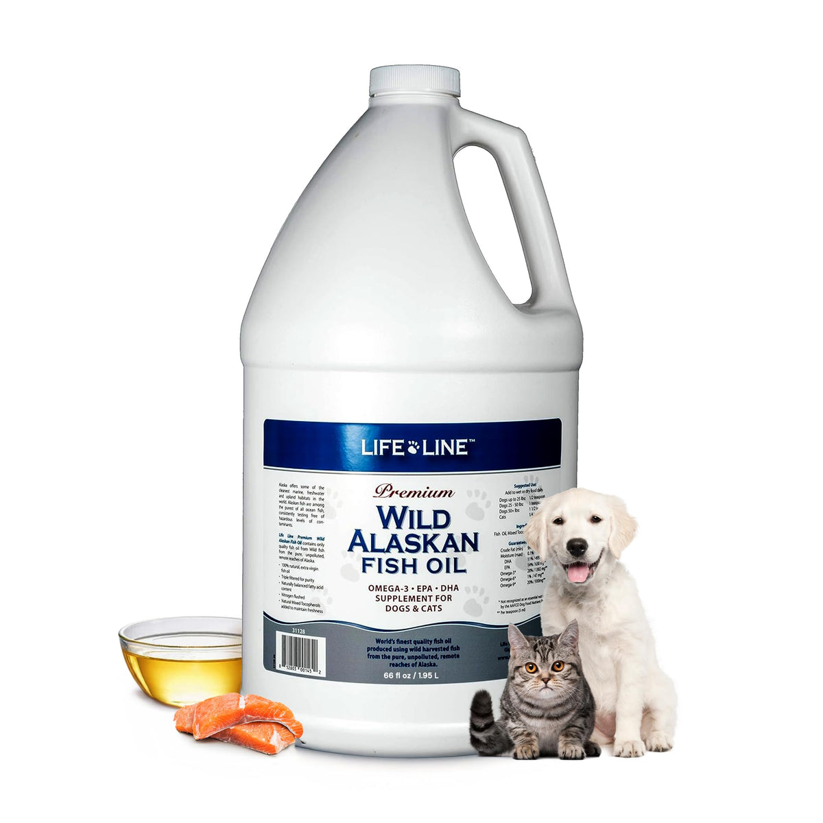 Life Line Pet Nutrition Wild Alaskan Fish Oil bottle promotes coat health.