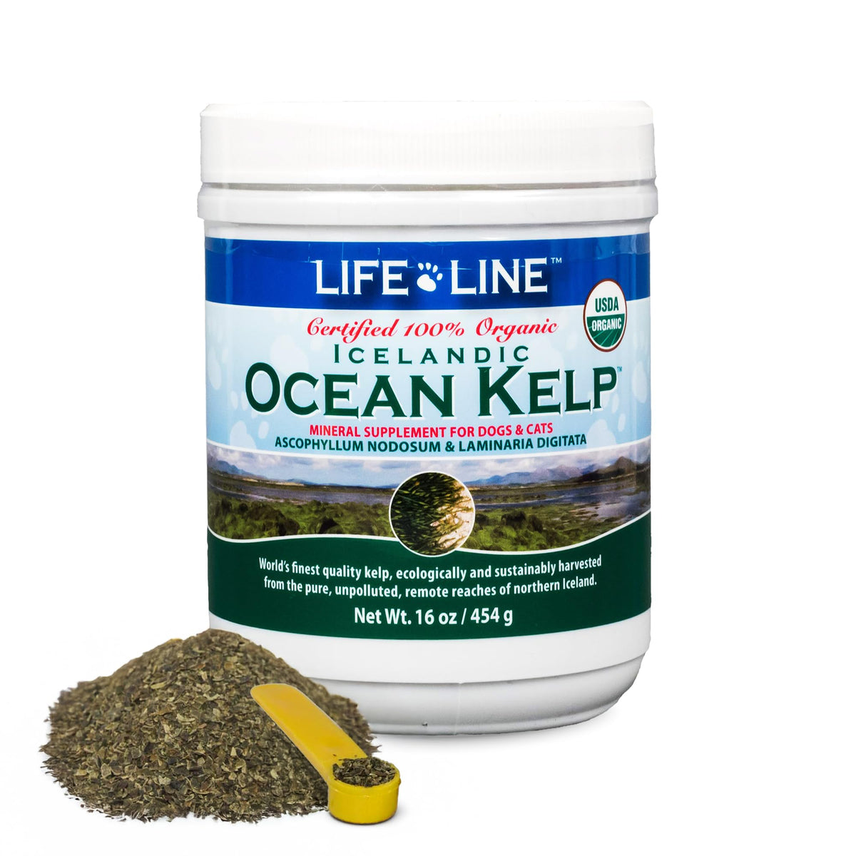 Life Line Organic Ocean Kelp bottle for pets promotes healthy skin and coat