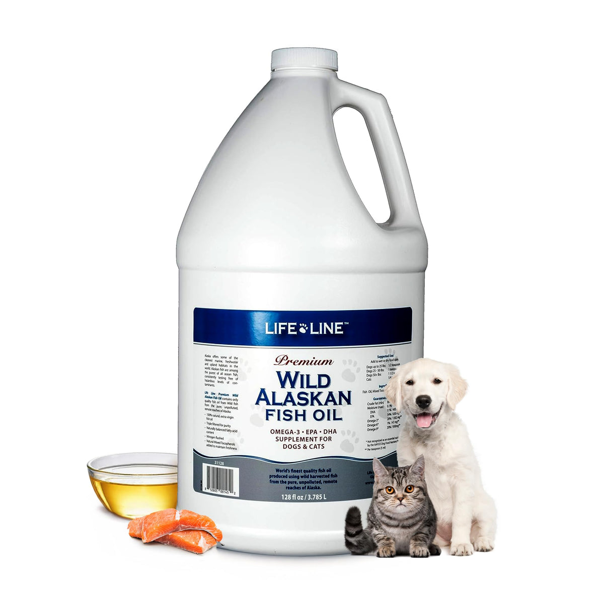 Life Line Pet Nutrition wild Alaskan fish oil bottle highlights omega-3 for skin and coat.