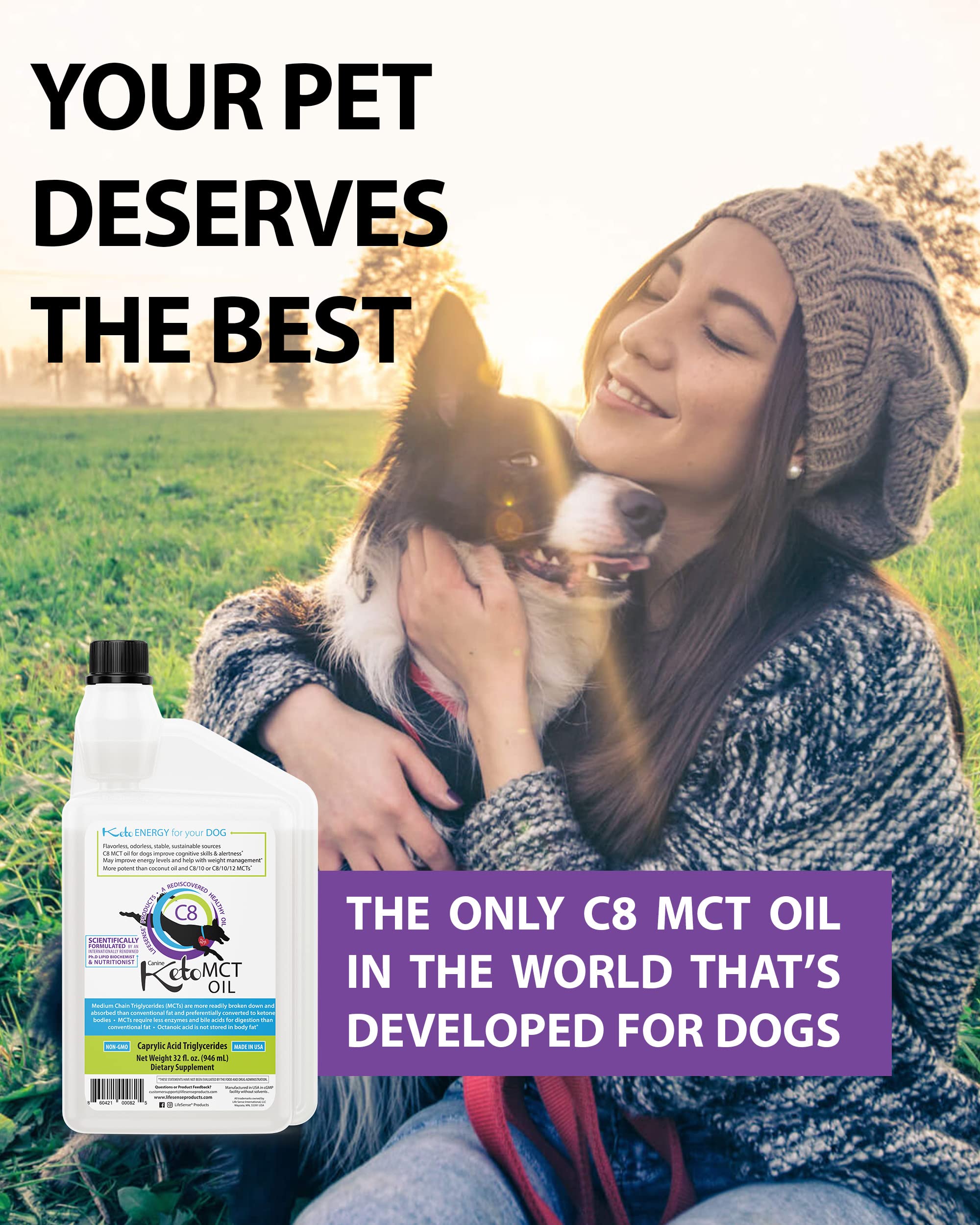 LifeSense C8 MCT Oil coconut source packaging front highlights keto-friendly canine support