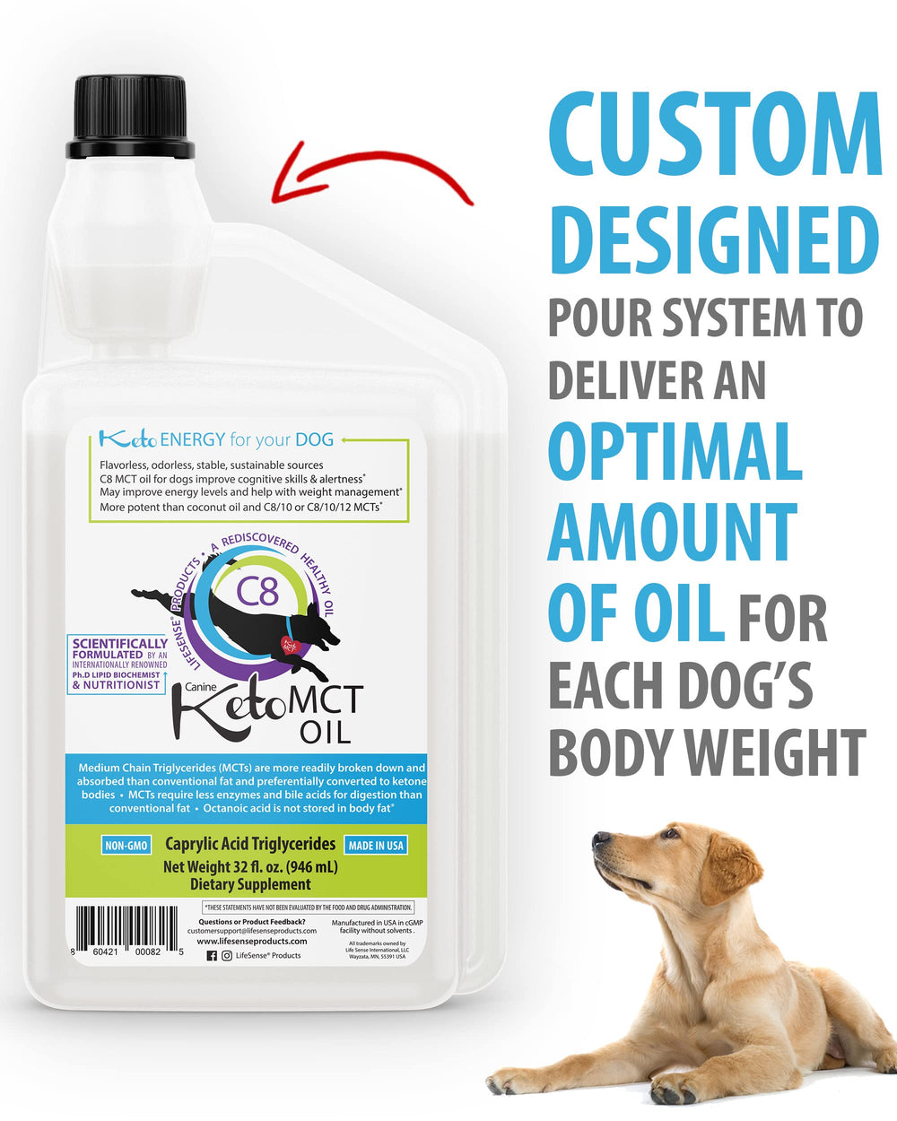 LifeSense C8 MCT Oil for Dogs measuring spoon shows precise supplementation and value