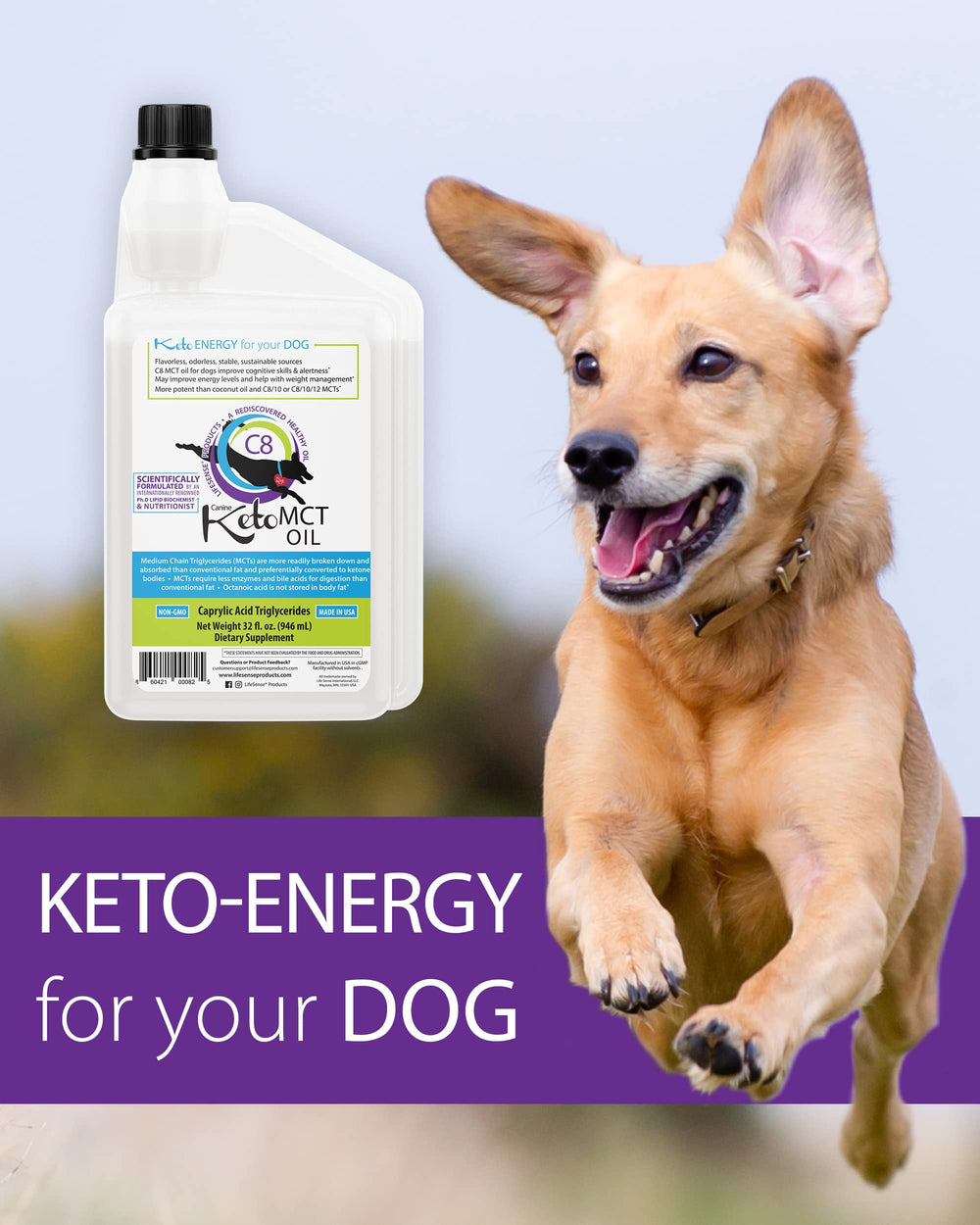 LifeSense C8 MCT Oil for Dogs pour demonstrates easy dosing for keto-friendly pet nutrition