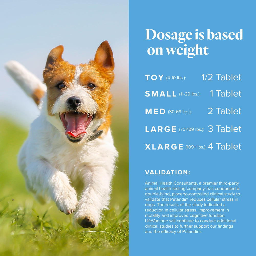 LifeVantage Petandim packaging label: clear product benefits and flavor info for dog owners.