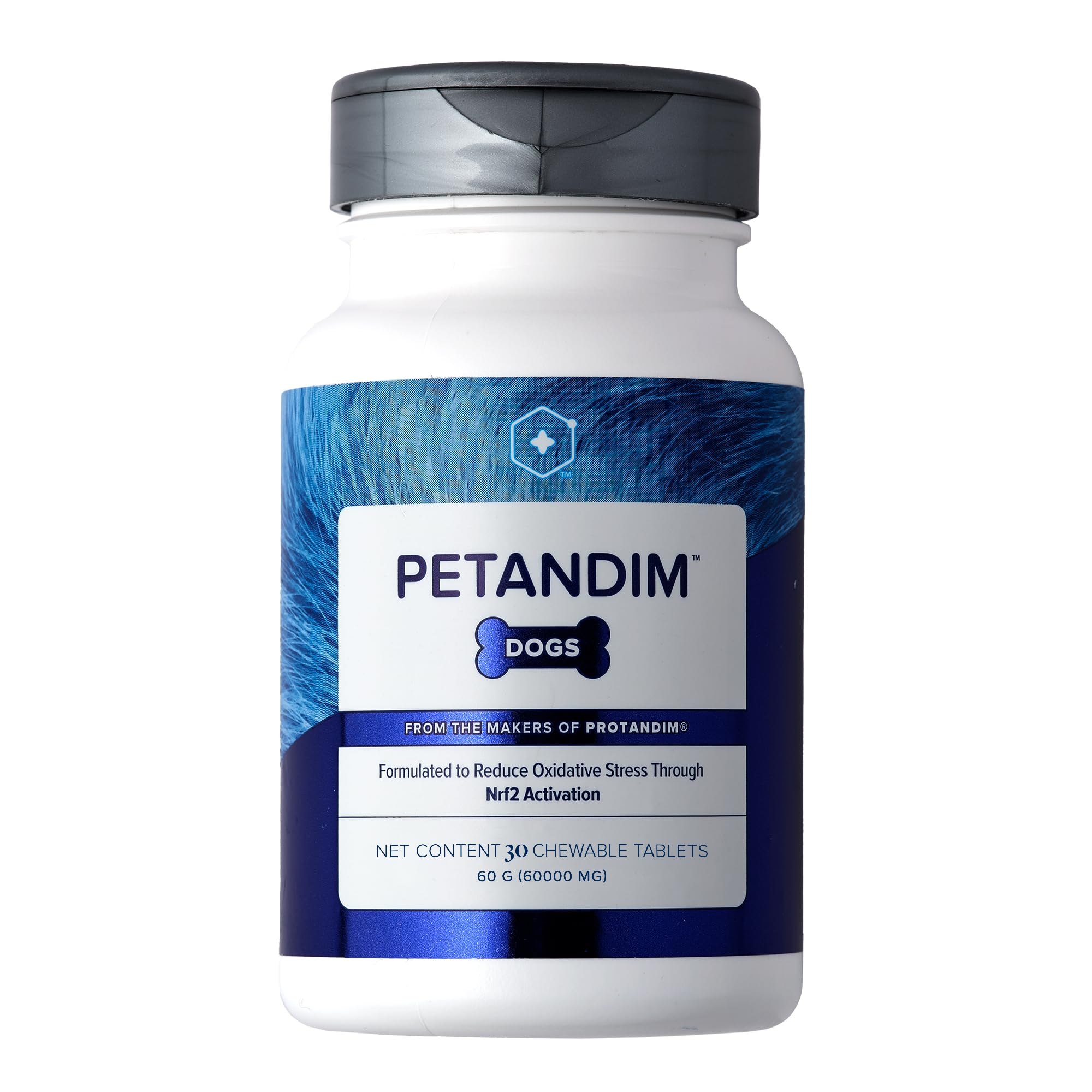 LifeVantage Petandim dog vitamins bottle with bacon-chicken chews for daily vitality and antioxidant support.