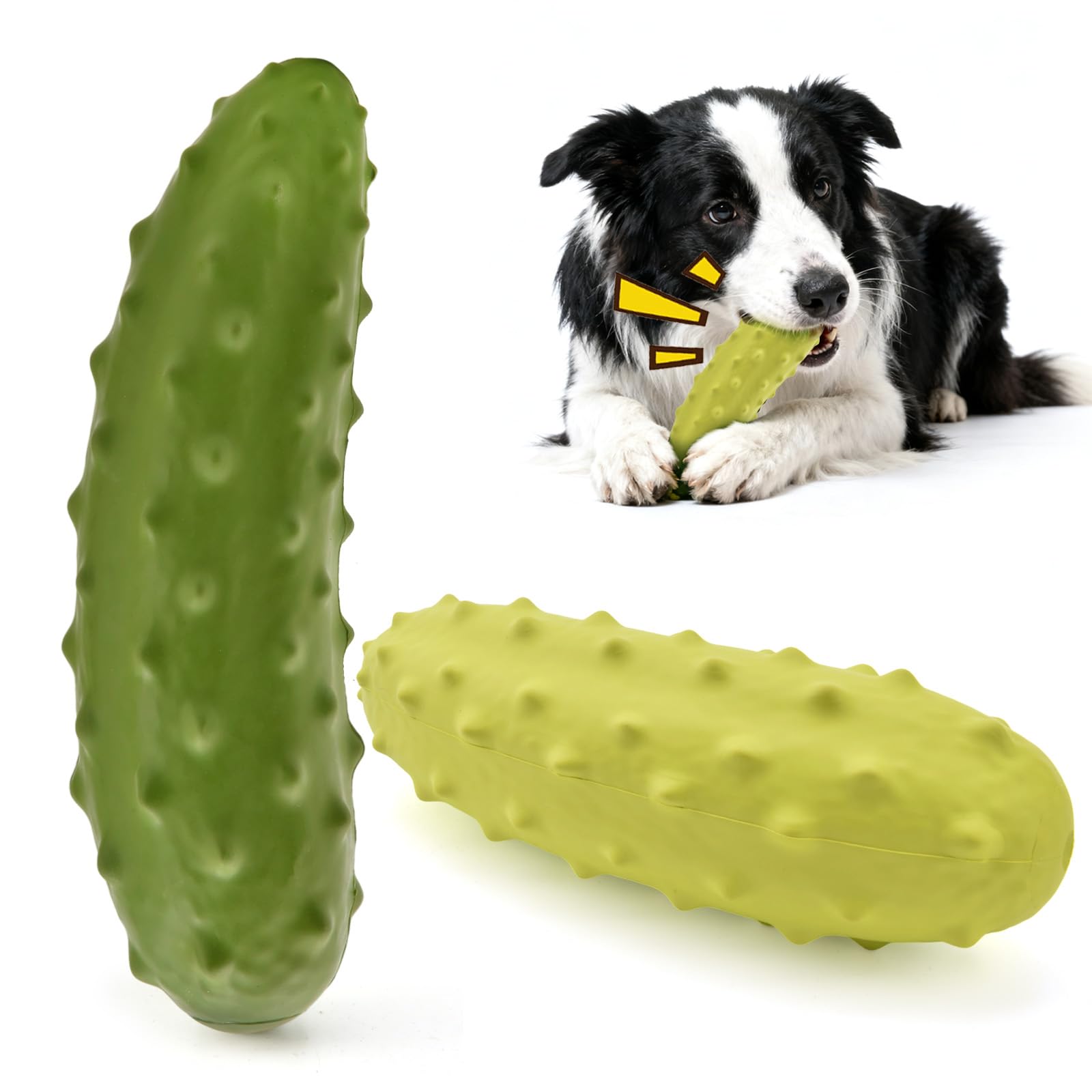 LIFLIX dog toy cucumber-pickle shape in yellow and green promoting dental cleaning and engagement.