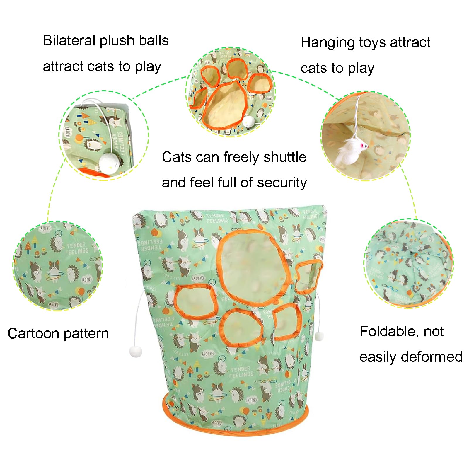 LIFTATAPA cat tunnel green with crinkle paper, soothing sensory play for bored cats