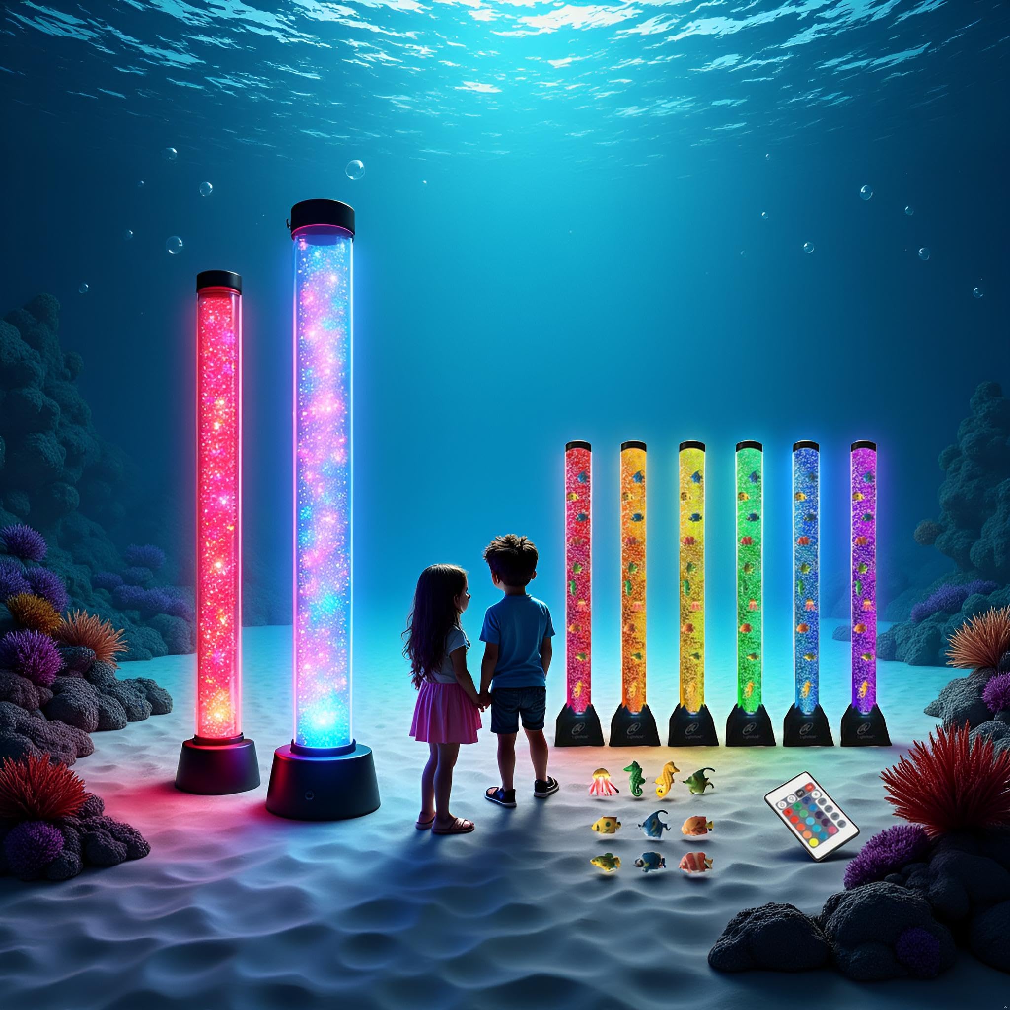 Lightahead 10 figures including fish and seahorses glide within color-lit bubbles
