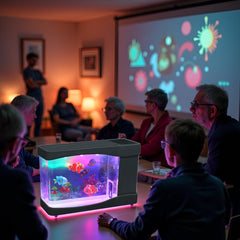 Lightahead aquarium with ocean background wallpaper enhancing reef-like illusion.