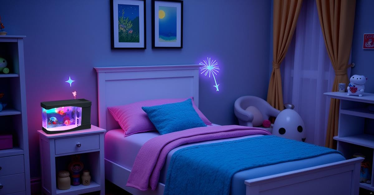 Lightahead artificial aquarium shows three animated fish with bubbles in a soothing setup.